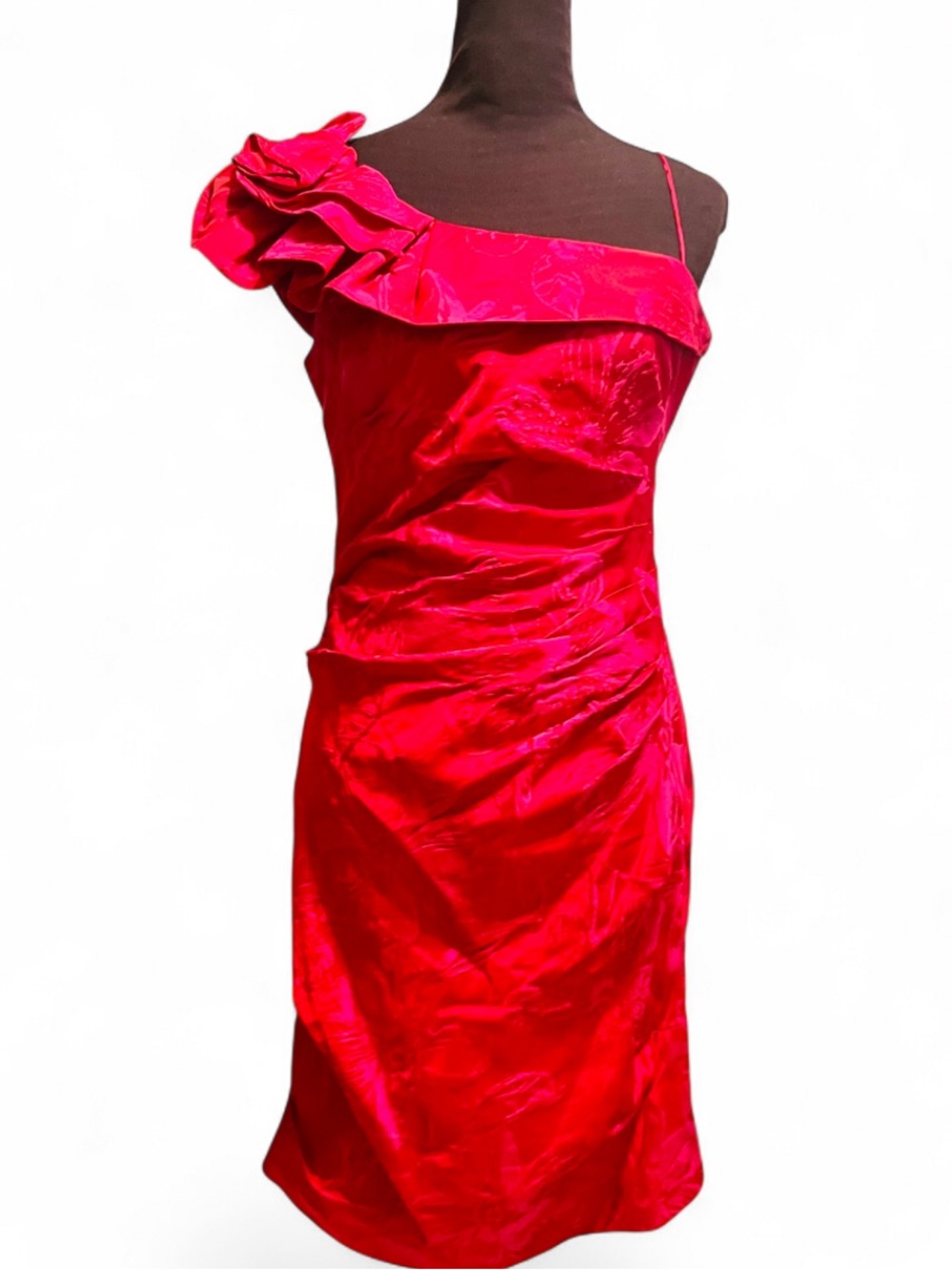 Vtg. Rickie Freeman Teri Jon One-Shoulder Ruffled Spaghetti Strap Cocktail Dress